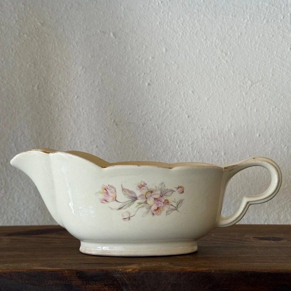 Vintage Floral China Gravy Boat Pink Flowers Cottagecore Serving Dish Grandma